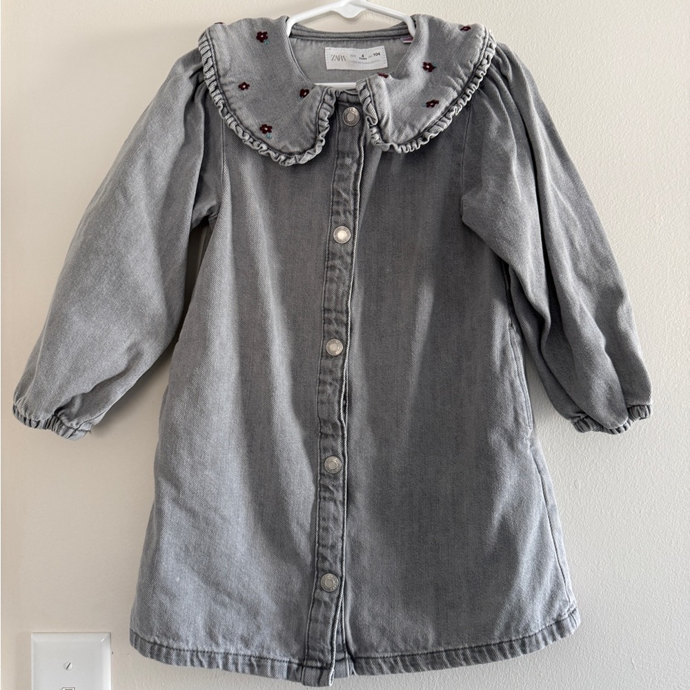 Zara Gray Kids Jean Dress with Embroidered Collar